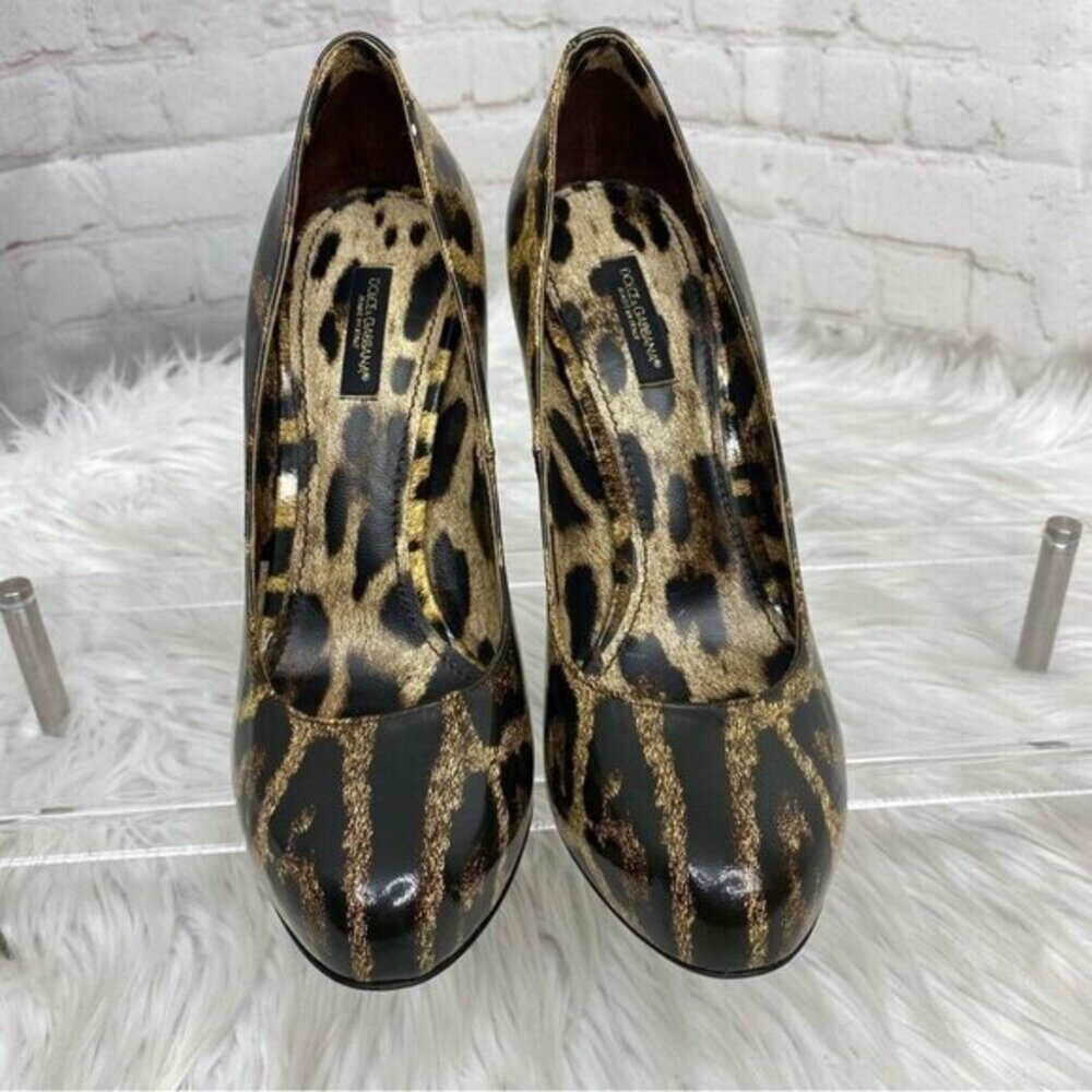 Dolce & Gabbana Leopard Print Patent Leather Pumps Round Toe Stiletto Heels EU38